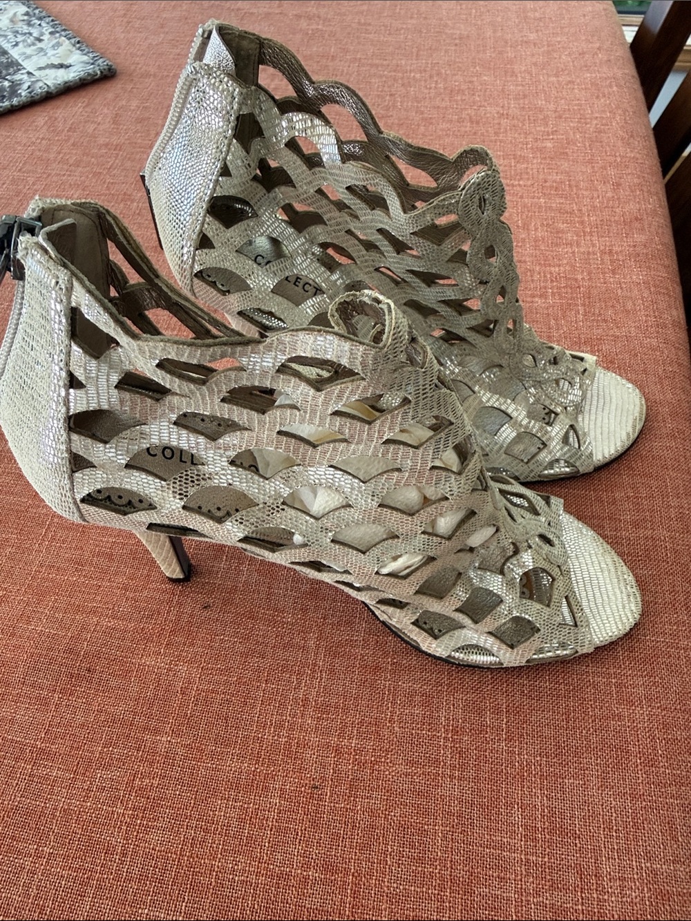 Cutout Peep-Toe Heels in Metallic Beige